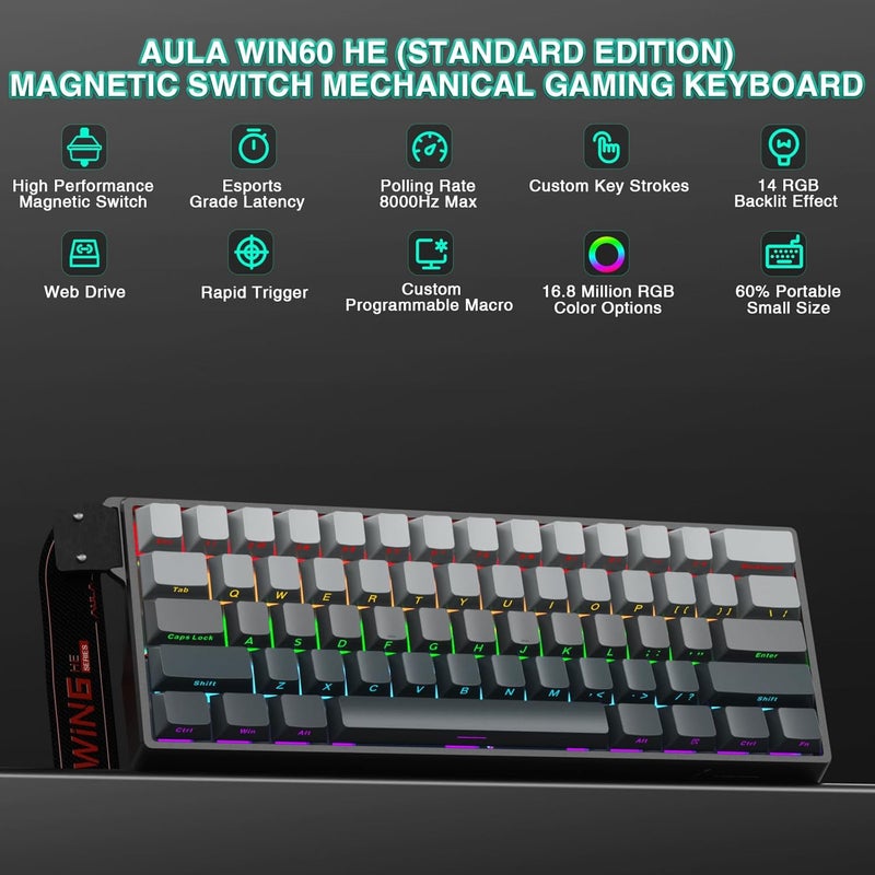 CORBOBO Aula WIN60 HE - 60% Mechanical Gaming Keyboard Wired, Hall Effect Magnetic Switch Hot Swappable,8000 Hz Polling Rate, RGB Keyboard 60 Percent Compact Design for PC (Gradient Gray) - Image 2